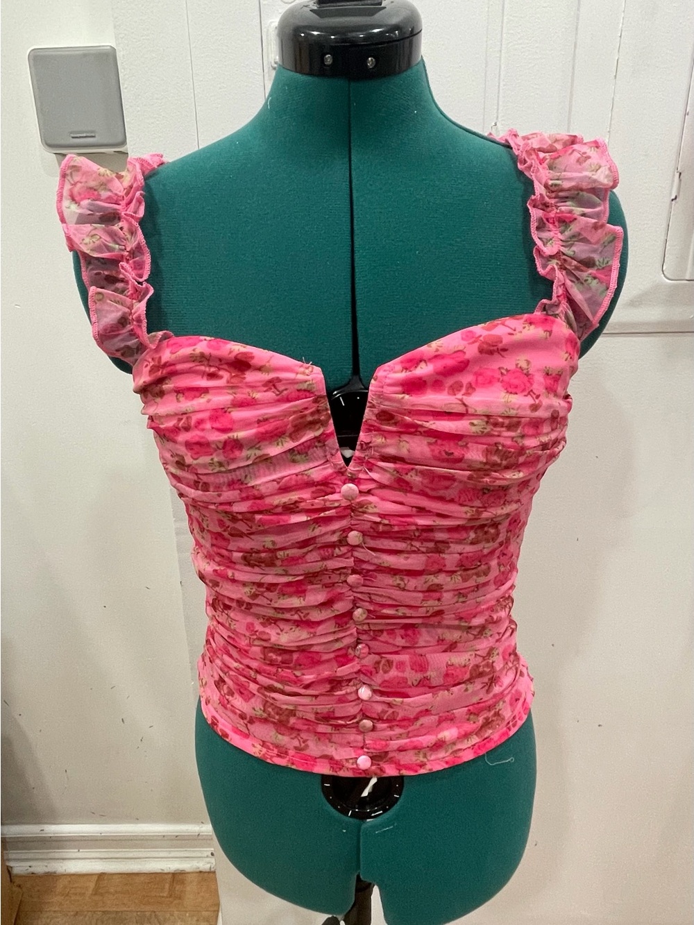 Lulu's Flirtatious Sweetness Hot Pink Floral Ruched Ruffled Tank Top